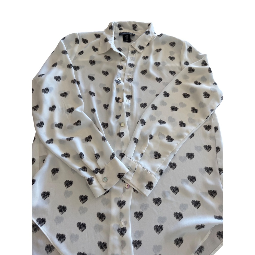 Rachel Zoe Womens Small White Black Heart Print Button Down Long Sleeve Blouse